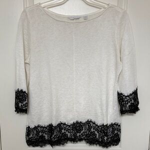 New York & Company White Top with Black Lace Trim